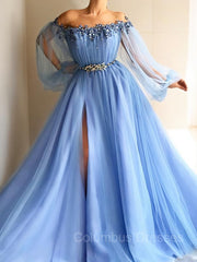 Prom Dresses 2042, A-Line/Princess Off-the-Shoulder Floor-Length Tulle Prom Dresses With Leg Slit