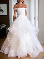 Weddings Dresses Near Me, A-Line/Princess Off-the-Shoulder Floor-Length Tulle Wedding Dresses