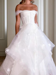 Wedding Dresses Near Me, A-Line/Princess Off-the-Shoulder Floor-Length Tulle Wedding Dresses