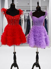 Women Dress, A-line/Princess Off-the-Shoulder Knee-Length Tulle Homecoming Dress with Cascading Ruffles