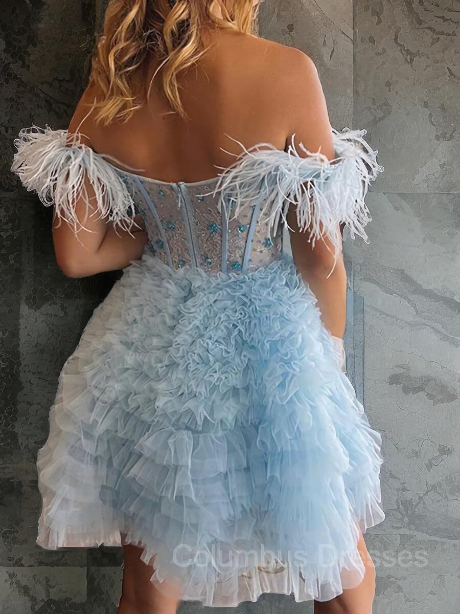 Dress Short, A-line/Princess Off-the-Shoulder Knee-Length Tulle Homecoming Dress with Cascading Ruffles