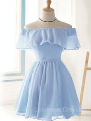Prom Shoes, A-Line/Princess Off-the-Shoulder Short/Mini Chiffon Homecoming Dresses With Ruffles