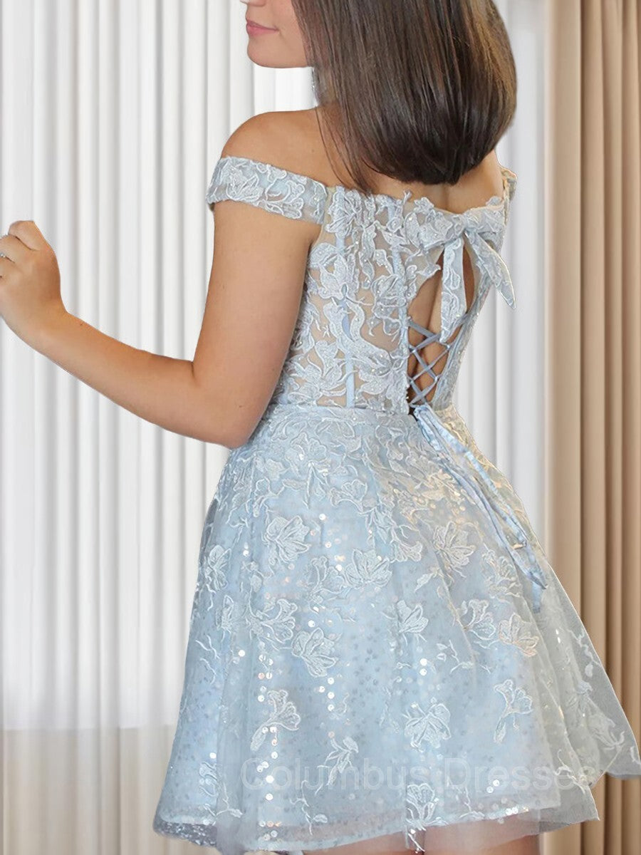 Party Dress A Line, A-Line/Princess Off-the-Shoulder Short/Mini Lace Applique Homecoming Dresses