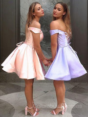 Prom Dress Long Beautiful, A-Line/Princess Off-the-Shoulder Short/Mini Satin Homecoming Dresses With Ruffles