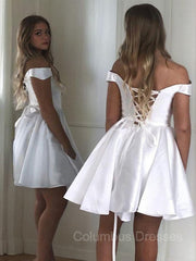 Prom Dresses Sweetheart, A-Line/Princess Off-the-Shoulder Short/Mini Satin Homecoming Dresses With Ruffles