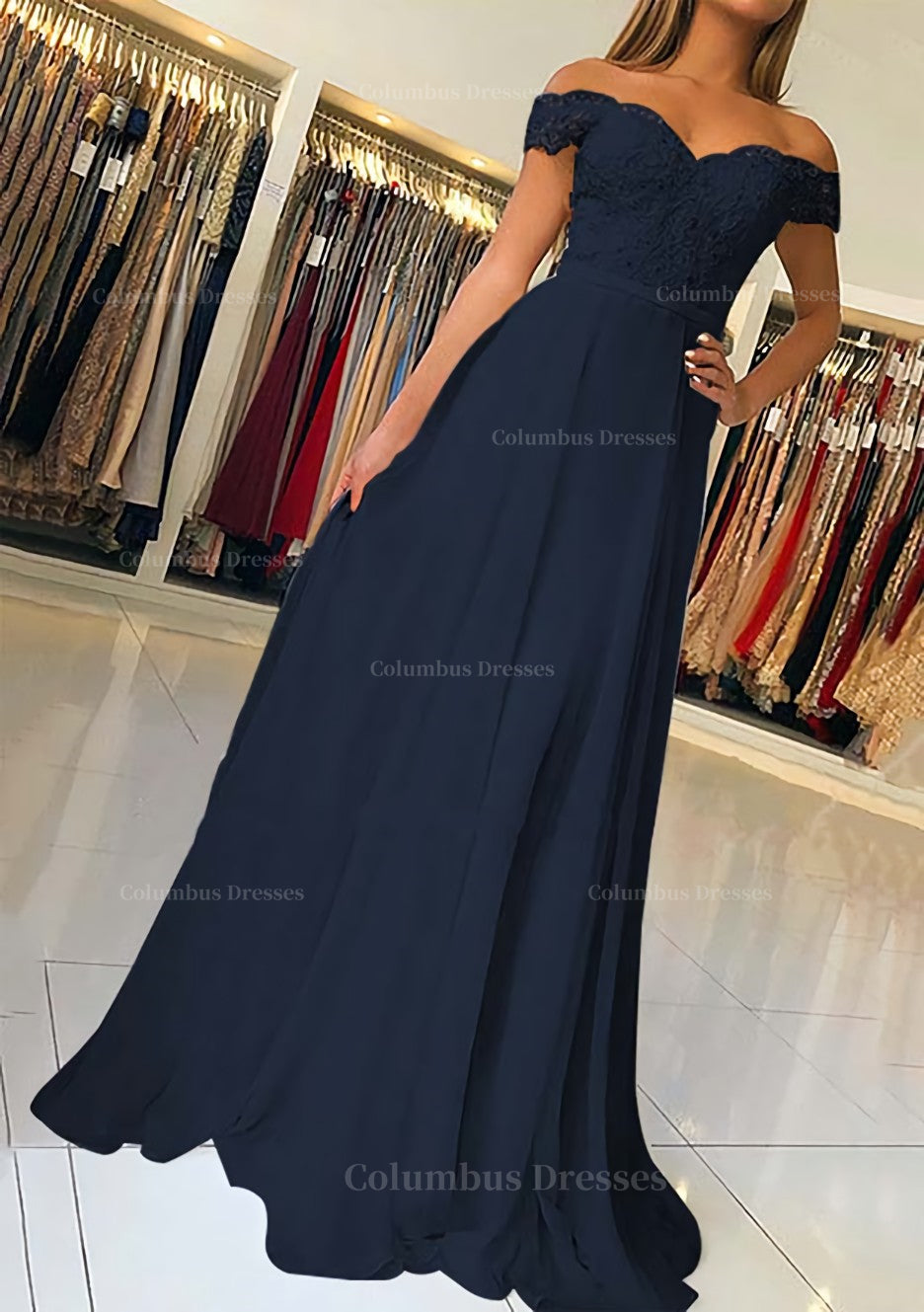 Bridesmaid Dress Inspo, A-line/Princess Off-the-Shoulder Short Sleeve Sweep Train Chiffon Prom Dress With Beading Appliqued