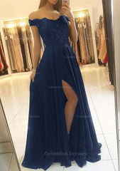 Bridesmaid Dresses In Store, A-line/Princess Off-the-Shoulder Sleeveless Long/Floor-Length Chiffon Prom Dress With Beading Split