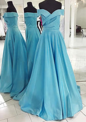 Formal Dresses Outfit Ideas, A-line/Princess Off-the-Shoulder Sleeveless Sweep Train Satin Prom Dress