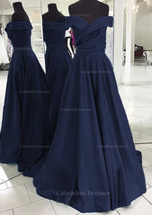 Formal Dress Attire, A-line/Princess Off-the-Shoulder Sleeveless Sweep Train Satin Prom Dress