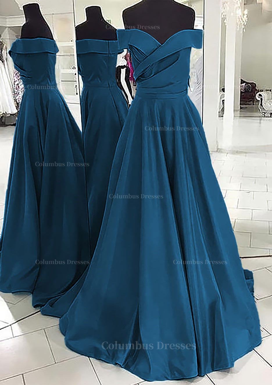 Formal Dress Store, A-line/Princess Off-the-Shoulder Sleeveless Sweep Train Satin Prom Dress