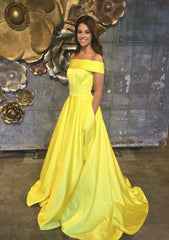 Homecoming Dresses With Sleeves, A-line/Princess Off-the-Shoulder Sleeveless Sweep Train Satin Prom Dress With Low Back
