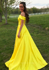 Homecoming Dresses Knee Length, A-line/Princess Off-the-Shoulder Sleeveless Sweep Train Satin Prom Dress With Low Back