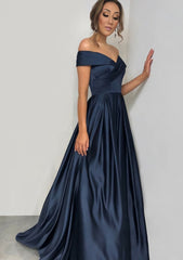 Party Dress Size 41, A-line/Princess Off-the-Shoulder Sleeveless Sweep Train Satin Prom Dress With Pleated