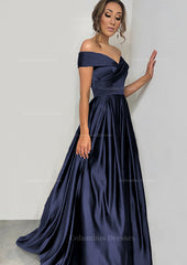 Party Dresses Size 41, A-line/Princess Off-the-Shoulder Sleeveless Sweep Train Satin Prom Dress With Pleated