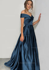 Party Dresses Classy Elegant, A-line/Princess Off-the-Shoulder Sleeveless Sweep Train Satin Prom Dress With Pleated