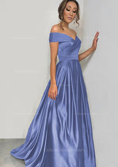 Party Dress Classy Elegant, A-line/Princess Off-the-Shoulder Sleeveless Sweep Train Satin Prom Dress With Pleated