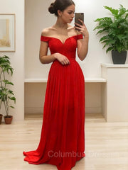 Bridesmaid Dresses For Girls, A-Line/Princess Off-the-Shoulder Sweep Train Chiffon Prom Dresses