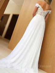 Formal, A-Line/Princess Off-the-Shoulder Sweep Train Chiffon Prom Dresses With Appliques Lace