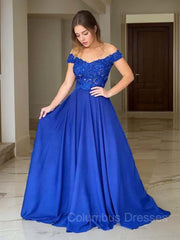 Formal Dress Classy, A-Line/Princess Off-the-Shoulder Sweep Train Elastic Woven Satin Evening Dresses With Appliques Lace
