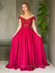 Formal Dressed Long Gowns, A-Line/Princess Off-the-Shoulder Sweep Train Elastic Woven Satin Evening Dresses With Appliques Lace