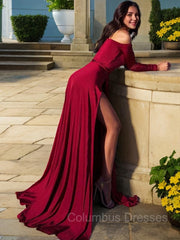 Homecoming Dresses Idea, A-Line/Princess Off-the-Shoulder Sweep Train Jersey Prom Dresses With Leg Slit