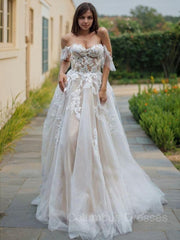 Wedding Dresses Different, A-Line/Princess Off-the-Shoulder Sweep Train Lace Wedding Dresses