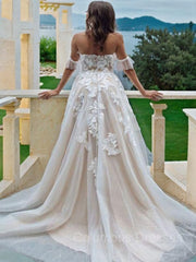Wedding Dresses Inspo, A-Line/Princess Off-the-Shoulder Sweep Train Lace Wedding Dresses