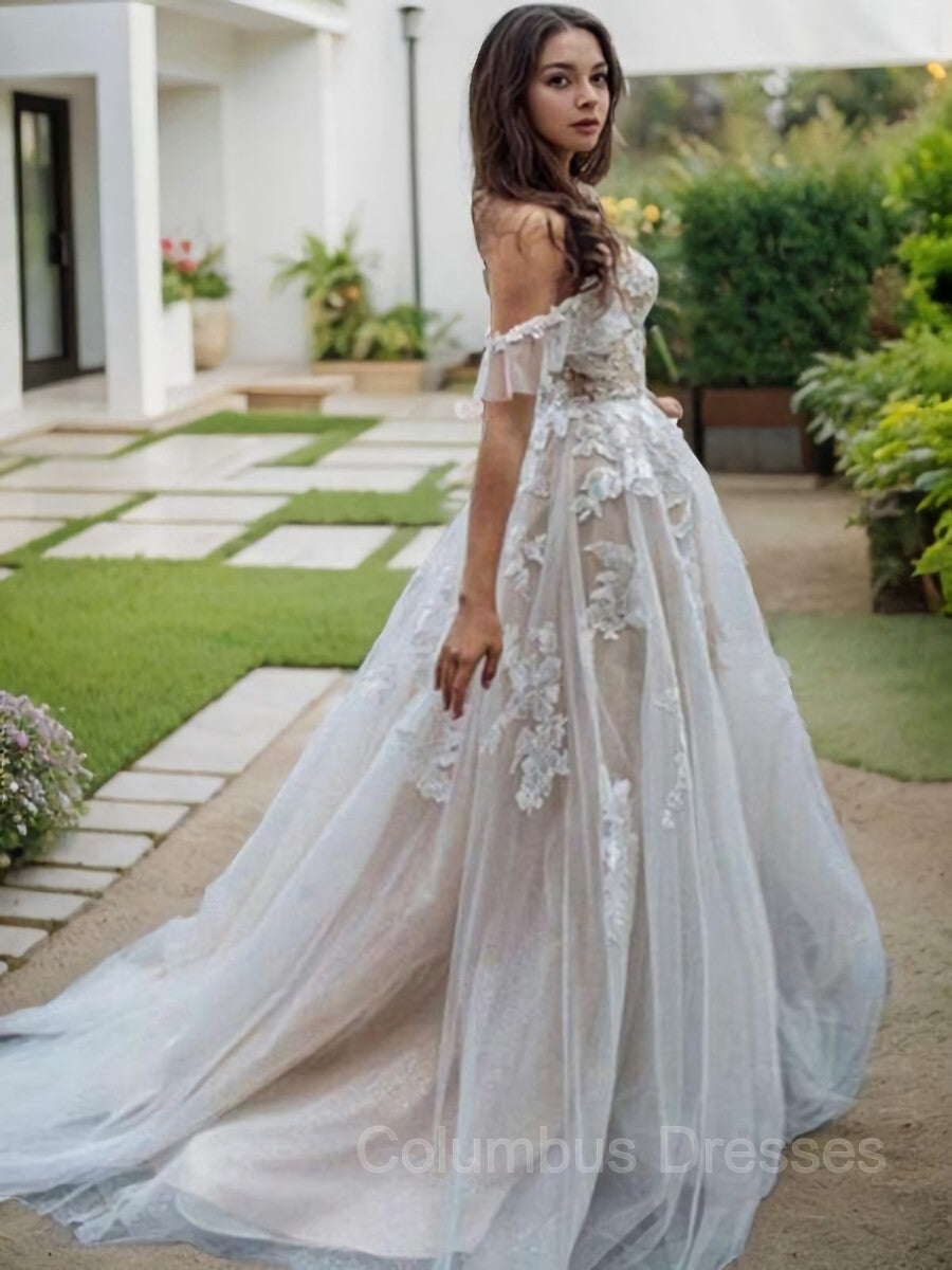 Wedding Dress For, A-Line/Princess Off-the-Shoulder Sweep Train Lace Wedding Dresses