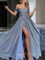 Evening Dress Simple, A-Line/Princess Off-the-Shoulder Sweep Train Prom Dresses With Leg Slit
