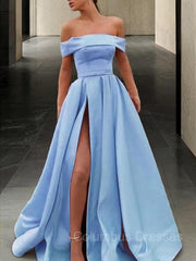 Homecoming Dresses, A-Line/Princess Off-the-Shoulder Sweep Train Satin Prom Dresses With Leg Slit