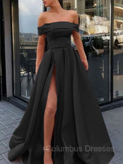 Homecoming Dresses Business Casual Outfits, A-Line/Princess Off-the-Shoulder Sweep Train Satin Prom Dresses With Leg Slit
