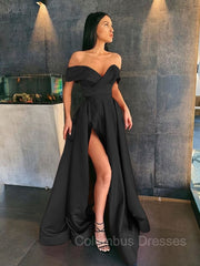 Homecomeing Dresses Red, A-Line/Princess Off-the-Shoulder Sweep Train Satin Prom Dresses With Leg Slit