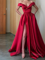 Party Dress Pattern, A-Line/Princess Off-the-Shoulder Sweep Train Satin Prom Dresses With Leg Slit