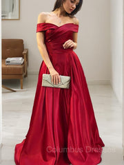 Party Dress Open Back, A-Line/Princess Off-the-Shoulder Sweep Train Satin Prom Dresses With Ruffles