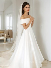 Wedding Dresses Online Shopping, A-Line/Princess Off-the-Shoulder Sweep Train Satin Wedding Dresses