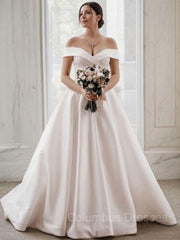 Wedding Dresses Aesthetic, A-Line/Princess Off-the-Shoulder Sweep Train Satin Wedding Dresses