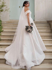 Wedding Dress Wedding Dress, A-Line/Princess Off-the-Shoulder Sweep Train Satin Wedding Dresses