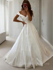 Wedding Dresses Shop, A-Line/Princess Off-the-Shoulder Sweep Train Satin Wedding Dresses