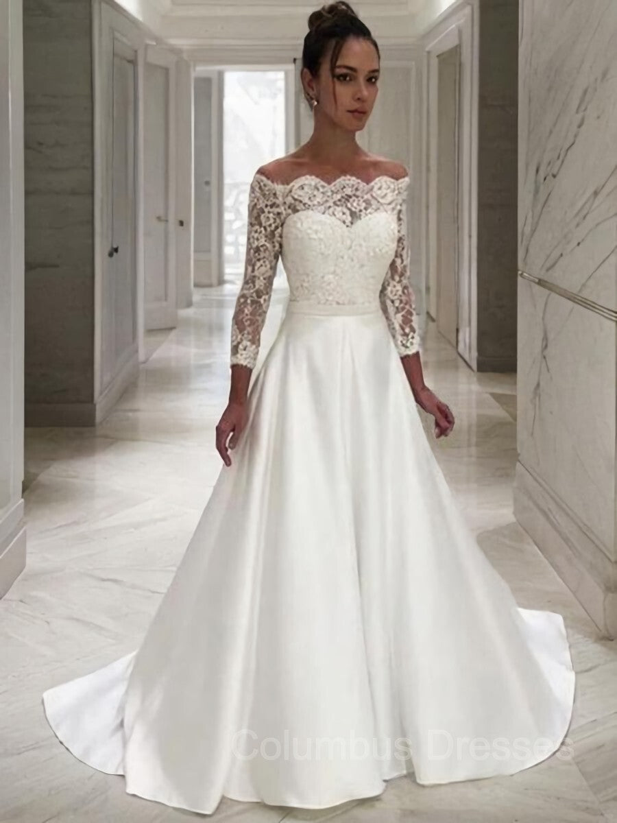 Wedding Dress Silhouettes Guide, A-Line/Princess Off-the-Shoulder Sweep Train Satin Wedding Dresses With Belt/Sash