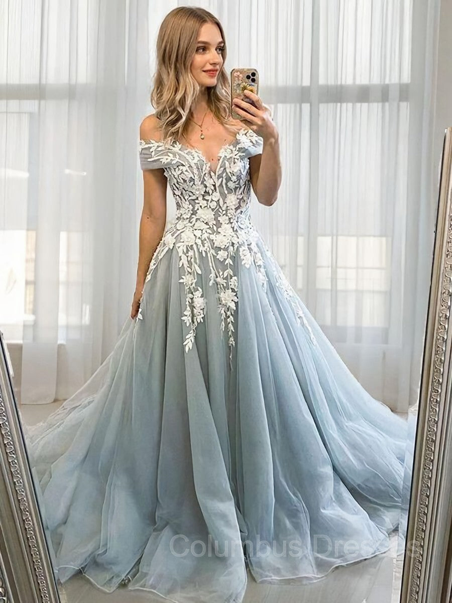 Bridesmaid Dresses Inspiration, A-Line/Princess Off-the-Shoulder Sweep Train Tulle Prom Dresses With Appliques Lace