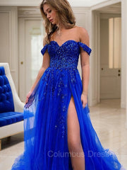 Bridesmaids Dresses Mismatched Fall, A-Line/Princess Off-the-Shoulder Sweep Train Tulle Prom Dresses With Leg Slit