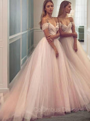 Bridesmaid Dresses Mauve, A-Line/Princess Off-the-Shoulder Sweep Train Tulle Prom Dresses With Ruffles