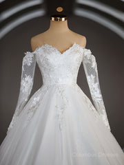 Wedding Dresses Girls, A-Line/Princess Off-the-Shoulder Sweep Train Tulle Wedding Dresses with Appliques Lace