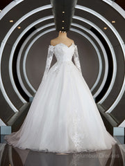 Wedding Dress Girls, A-Line/Princess Off-the-Shoulder Sweep Train Tulle Wedding Dresses with Appliques Lace