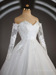 Wedding Dress Girl, A-Line/Princess Off-the-Shoulder Sweep Train Tulle Wedding Dresses with Appliques Lace