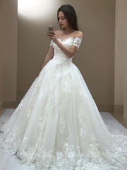 Wedding Dress Tops, A-Line/Princess Off-the-Shoulder Sweep Train Tulle Wedding Dresses With Appliques Lace