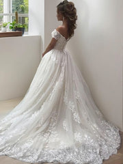 Wedding Dress Top, A-Line/Princess Off-the-Shoulder Sweep Train Tulle Wedding Dresses With Appliques Lace