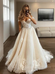 Wedding Dresses Website, A-Line/Princess Off-the-Shoulder Sweep Train Tulle Wedding Dresses With Appliques Lace