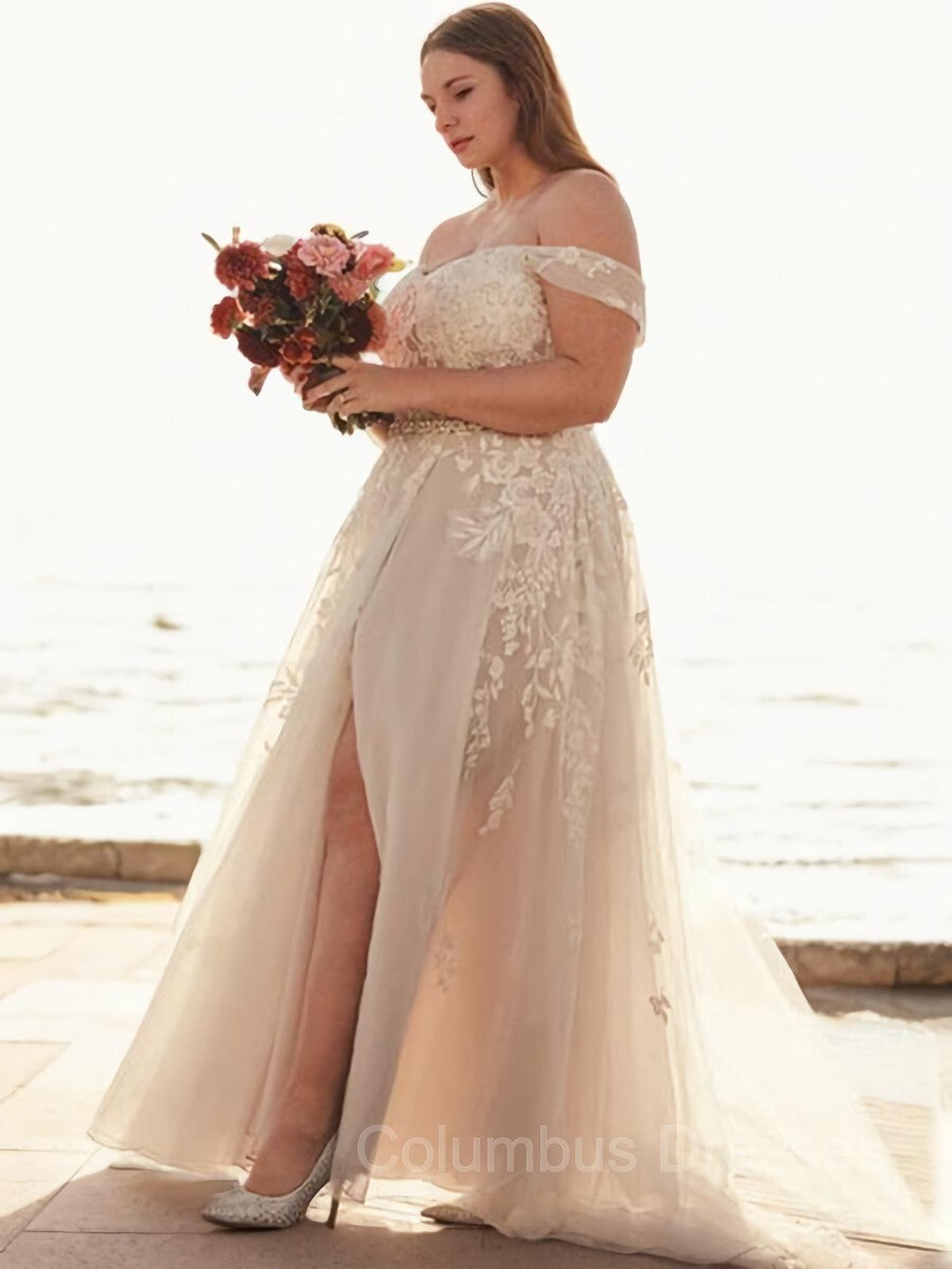 Wedding Dress 2029, A-Line/Princess Off-the-Shoulder Sweep Train Tulle Wedding Dresses With Leg Slit
