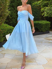 Prom Dresses Tulle, A-Line/Princess Off-the-Shoulder Tea-Length Chiffon Homecoming Dresses With Ruffles